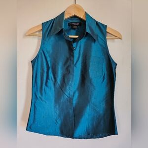 Express size 1/2 XS 100% silk button up blouse teal blue, vintage,office